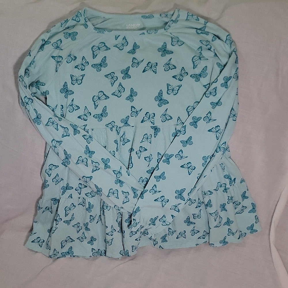 Lands' End Blue Floral Long Sleeve Tee